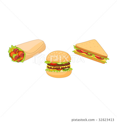 Vector sandwich, burger hot dog shawarma roll set. Vector sandwich, burger hot dog shawarma roll set. 32823413
