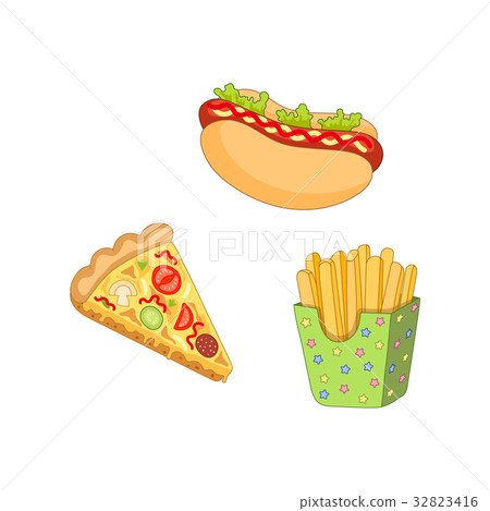 Vector pizza slice, french fries ,hot dog set. Vector pizza slice, french fries ,hot dog set. 32823416