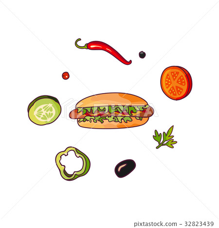 Vector flying food ingredients and hot dog set 32823439