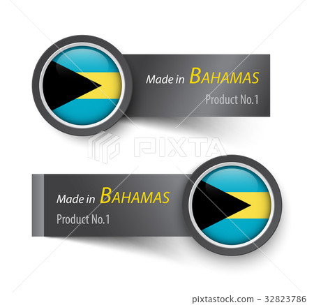 Flag icon and label with text made in Bahamas . 32823786