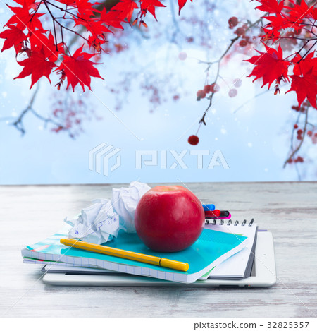 Apple with school supplies 32825357