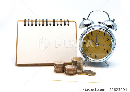Blank notepad with calculator. Passbook, clock  32825904