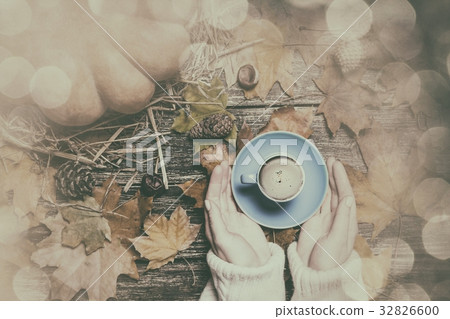 Female holding cup of coffee on autumn leaves 32826600