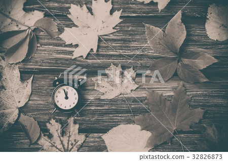 Autumn leaves and alarm clock on wooden table. Autumn leaves and alarm clock on wooden table. 32826873