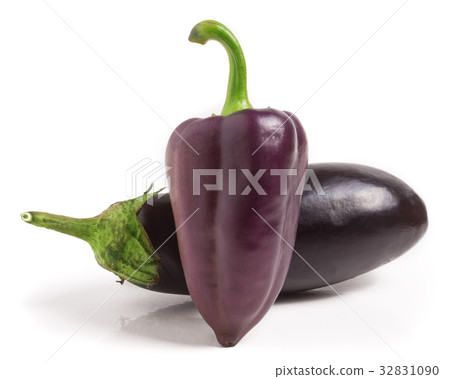 eggplant and purple bell peppers isolated on white 32831090