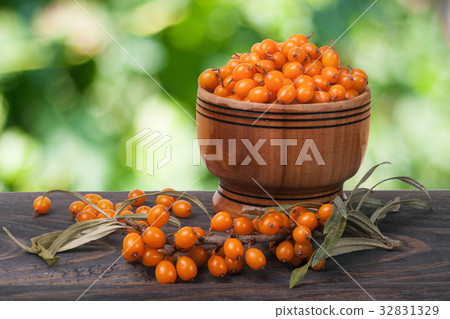 Sea-buckthorn berries in a wooden bowl on  tabl 32831329