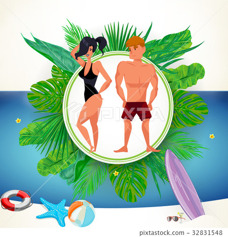Surfing beach characters. Summer time. Vector 32831548