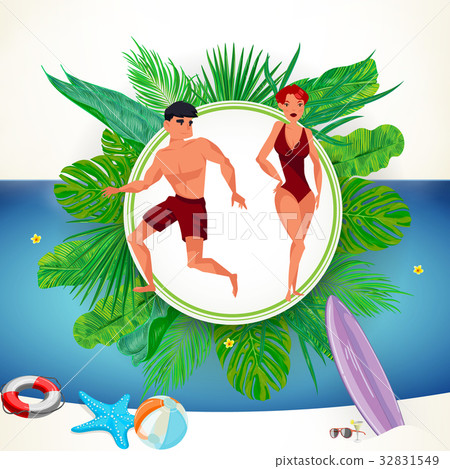 Surfing beach characters. Summer time. Vector 32831549
