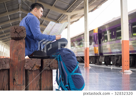 man traveler with backpacker search location map man traveler with backpacker search location map 32832320