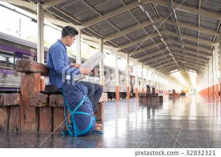 man traveler with backpacker search location map man traveler with backpacker search location map 32832321