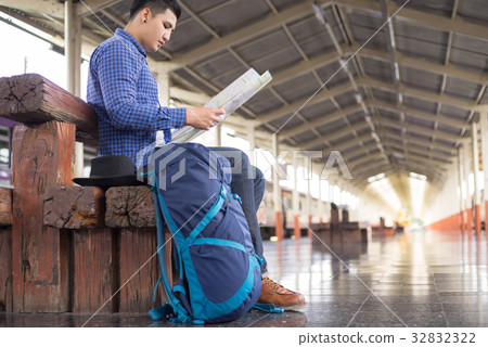 man traveler with backpacker search location map man traveler with backpacker search location map 32832322