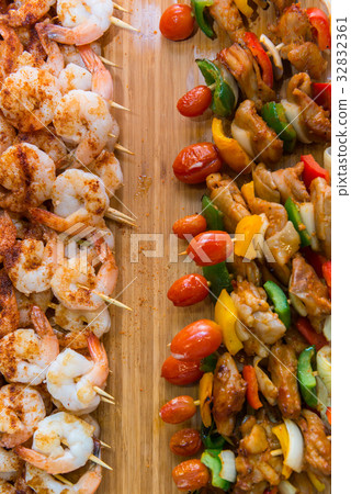 BBQ Pork on sticks and BBQ Shrimp Skewers 32832361