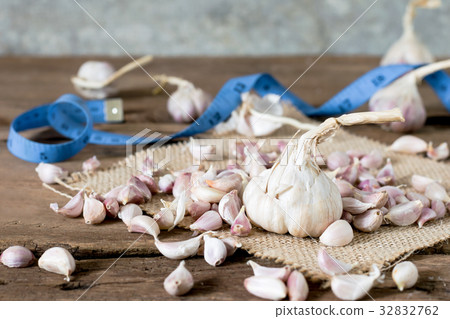 garlic among seed garlic and measuing tape 32832762