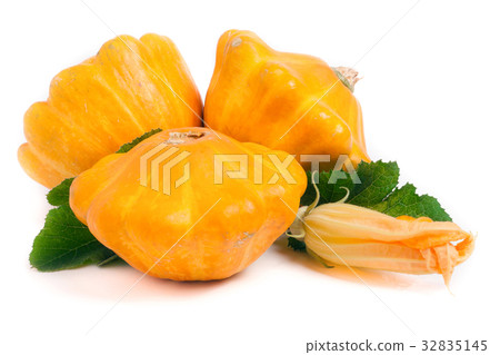 three yellow pattypan squash with leaf and flower 32835145