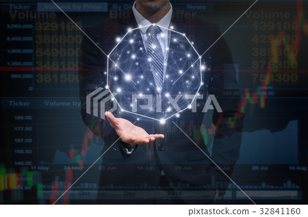 Businessman hand holding the Futuristic Technology connection shape over the Technical information graph over the virtual screen on dark blue background, business technology and Social Network concept Businessman hand holding the Futuristic Technology connection shape over the Technical information graph over the virtual screen on dark blue background, business technology and Social Network concept 32841160