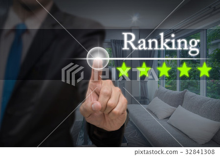 Businessman pointing five star button to increase ranking of Luxury Interior living room, business evaluation concept, Increase rating Businessman pointing five star button to increase ranking of Luxury Interior living room, business evaluation concept, Increase rating 32841308