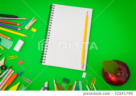 School supplies on Green chalkboard " Back to school background " . School supplies on Green chalkboard " Back to school background " . 32841799