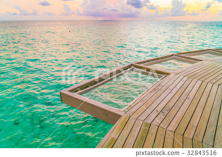 Vacation net seat in tropical Maldives island and beauty of the sea with the coral reefs . Vacation net seat in tropical Maldives island and beauty of the sea with the coral reefs . 32843516