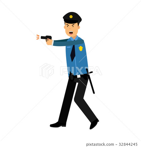 Police officer character in a blue uniform aiming Police officer character in a blue uniform aiming 32844245