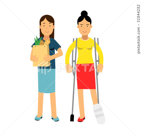 Young woman with leg in a plaster using crutches 32844282