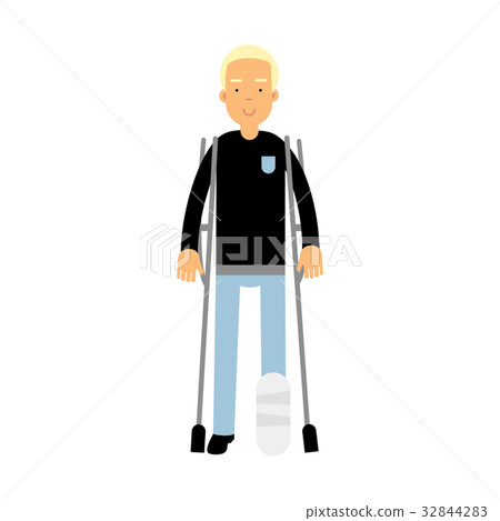 One legged disabled man with crutches colorful 32844283