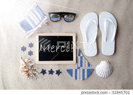 Sunny Blackboard On Sand, Merci Means Thank You 32845702