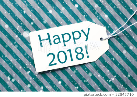 Label On Turquoise Paper, Snowflakes, Happy 2018 32845710