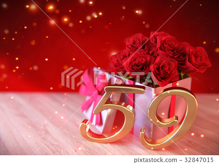 birthday concept with red roses in gift on wooden 32847015