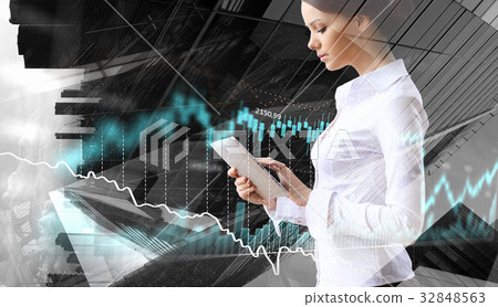Businesswoman and modern city background. Mixed Businesswoman and modern city background. Mixed 32848563