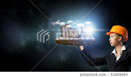 Woman presenting construction project. Mixed media 32848663