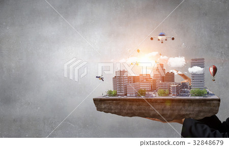 Woman presenting construction project. Mixed media 32848679