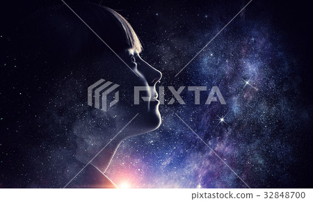 Girl on starry sky. Mixed media 32848700