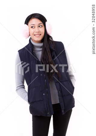 happy, smiling asian-caucasian woman looking away happy, smiling asian-caucasian woman looking away 32848958