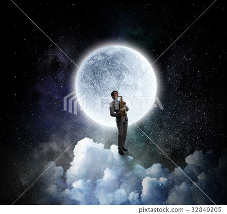 Romantic saxophonist playing melody . Mixed media 32849205