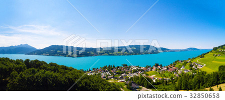 Aerial view, beautiful clear alpine lake Attersee Aerial view, beautiful clear alpine lake Attersee 32850658