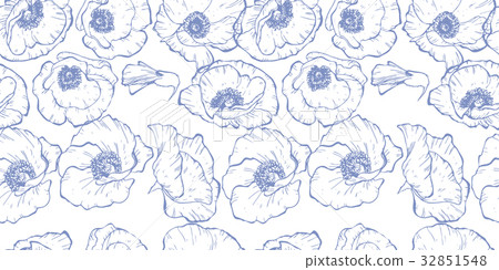 Seamless pattern with blue contoured poppy flowers Seamless pattern with blue contoured poppy flowers 32851548