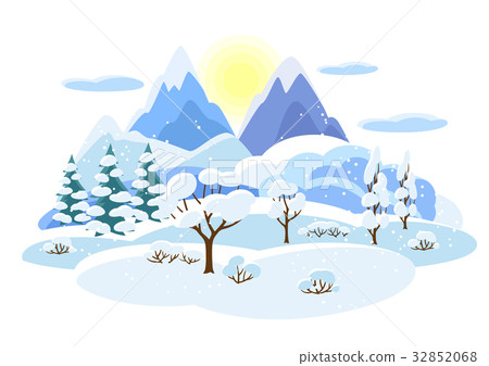 Winter landscape with trees, mountains and hills - Stock Illustration ...