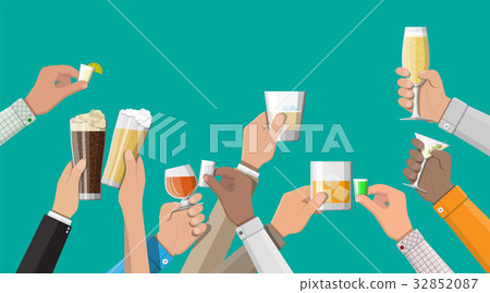 Hands group holding glasses with drinks - Stock Illustration [32852087 ...