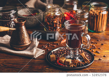 Cup of Coffee with Cezve and Different Spices. Cup of Coffee with Cezve and Different Spices. 32852378