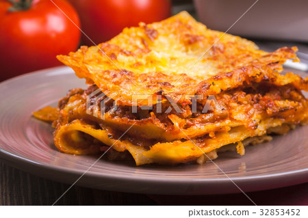 Piece of tasty hot lasagna on a plate Piece of tasty hot lasagna on a plate 32853452