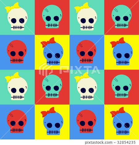 Pop art styled flat vector seamless pattern of cute skulls.   32854235