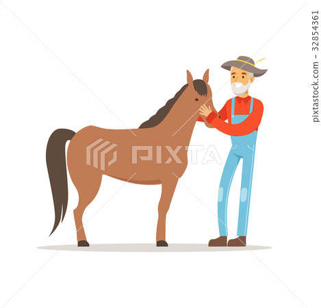 Old farmer man caring for his horse, farming and 32854361