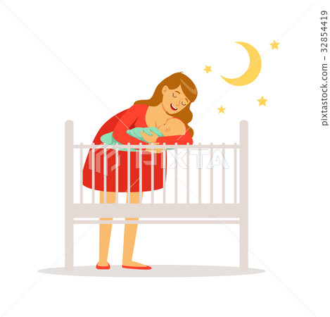 Young mother in red dress putting her newborn baby Young mother in red dress putting her newborn baby 32854419
