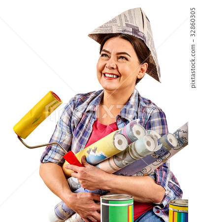 Repair home woman holding paint roller for 32860305