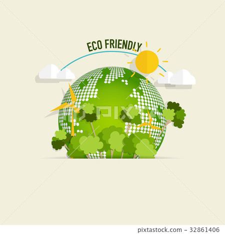 ECO FRIENDLY. Ecology concept with Green Eco Earth and Trees. Vector illustration ECO FRIENDLY. Ecology concept with Green Eco Earth and Trees. Vector illustration 32861406