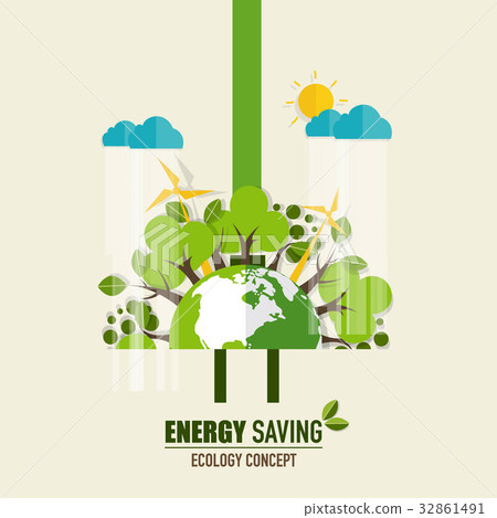 Energy saving concept with Green Eco Earth and Trees.. Vector illustration 32861491