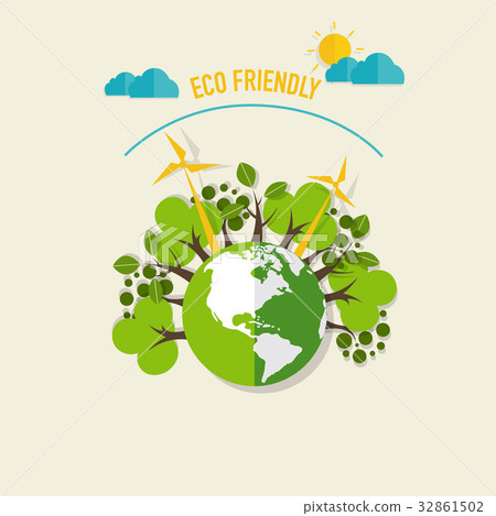ECO FRIENDLY. Ecology concept with Green Eco Earth and Trees. Vector illustration 32861502