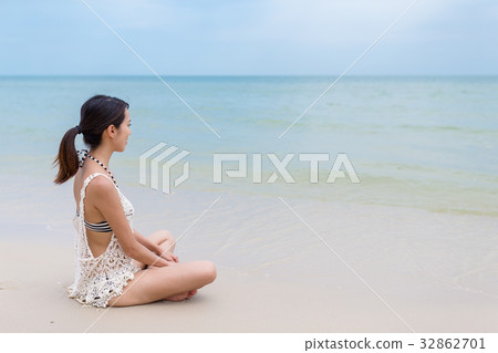 Woman enjoy on sand beach Woman enjoy on sand beach 32862701
