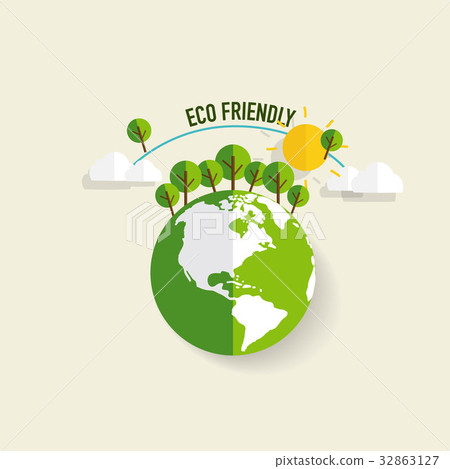 ECO FRIENDLY. Ecology concept with Green Eco Earth and Trees. Vector illustration ECO FRIENDLY. Ecology concept with Green Eco Earth and Trees. Vector illustration 32863127