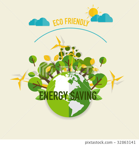 ECO FRIENDLY. Ecology concept with Green Eco Earth and Trees. Vector illustration ECO FRIENDLY. Ecology concept with Green Eco Earth and Trees. Vector illustration 32863141